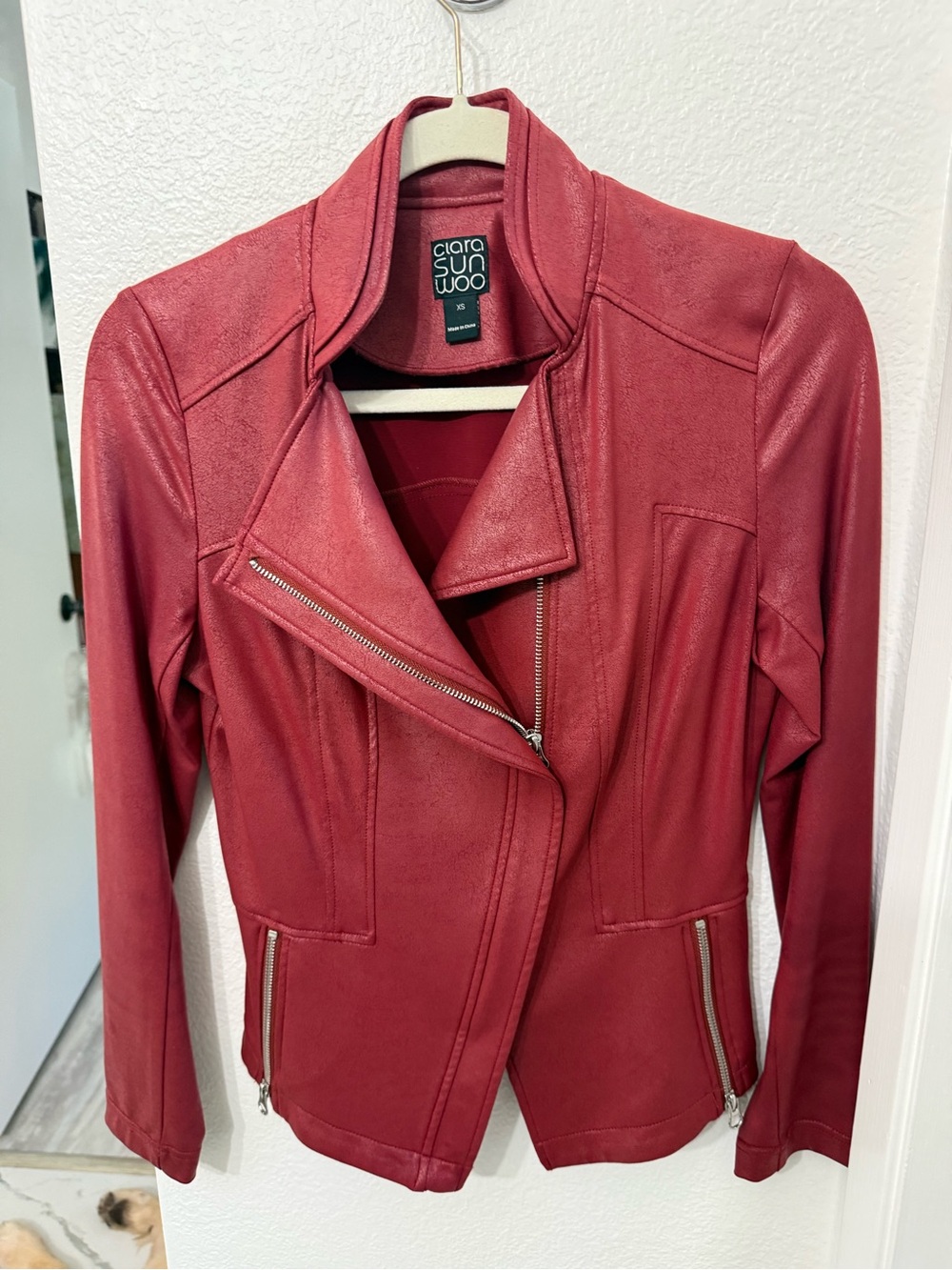 CLARA SUN WOO Women's Red Classic Liquid Leather Moto Jacket